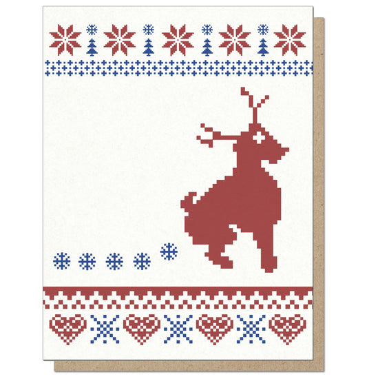 Reindeer dragging bottom on carpet like a dog, dropping snowflake poop. Funny holiday card based on scandinavian ugly sweater designs.